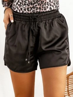 Trendsi Black Satin Elastic Waist Casual Shorts