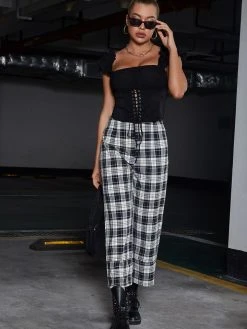Black Tower Apparel Plaid High Waist Cropped Wide Leg Pants