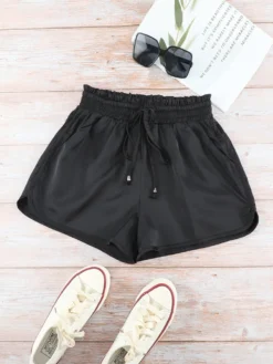 Trendsi Black Satin Elastic Waist Casual Shorts 8 Trendsi Black Satin Elastic Waist Casual Shorts