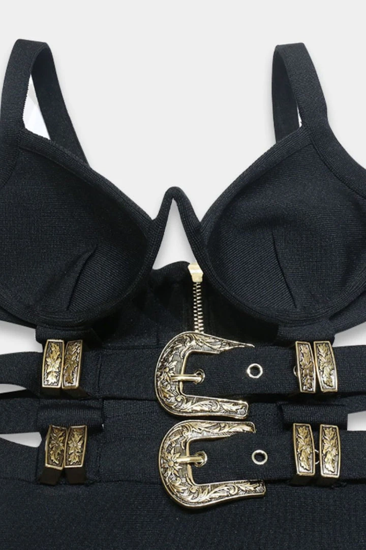 Black Tower Apparel Buckle Detail Cutout Mini Bodycon Dress 6 Black Tower Apparel Buckle Detail Cutout Mini Bodycon Dress