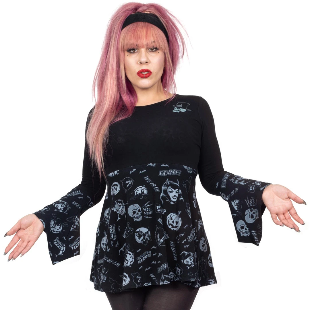 Kreepsville666 Spookshow Bell Sleeve Babydoll Top Blk/Grey 1 Kreepsville666 Spookshow Bell Sleeve Babydoll Top Blk/Grey
