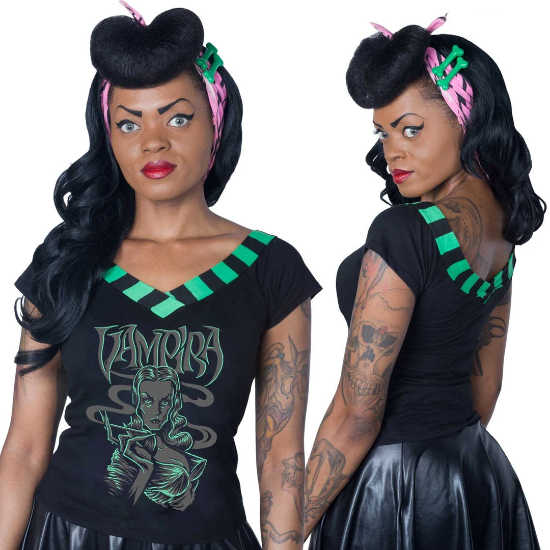 Kreepsville666 Vampira Smokin Glow V Shoulder Top 1 Kreepsville666 Vampira Smokin Glow V Shoulder Top