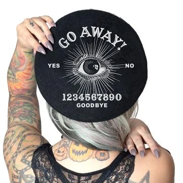 Kreepsville666 Go Away Ouija Black Beret Hat 1 Kreepsville666 Go Away Ouija Black Beret Hat