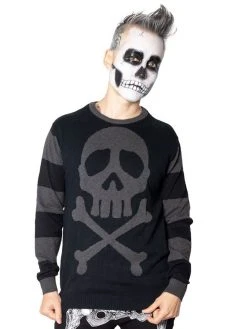 Kreepsville666 Harlock Skull Grey Striped Sweater