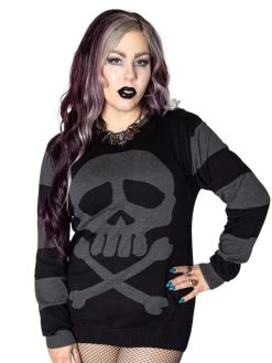 Kreepsville666 Harlock Skull Grey Striped Sweater