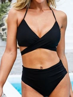 Black Tower Apparel Crisscross Ruched High Waist Bikini