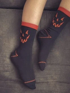 Ectogasm Gray And Orange Jack-O-Lantern Pumpkin Socks For Halloween