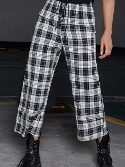 Black Tower Apparel Plaid High Waist Cropped Wide Leg Pants
